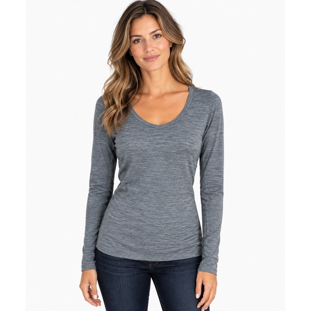 WOOLX Layla V-Neck Top Merino Wool Long Sleeve Tee Size XS Heather Graphite Grey